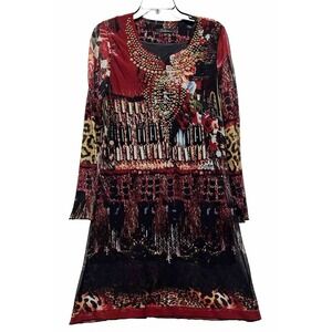 Caleaas Womens Size L Red Long Sleeve Embroidered Maxi Dress (J7)